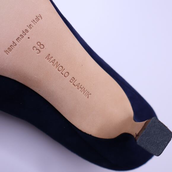 MANOLO BLAHNIK Monda Snake and Suede Pumps Navy Pointed Toe Heel Women's 38 - Picture 8 of 11